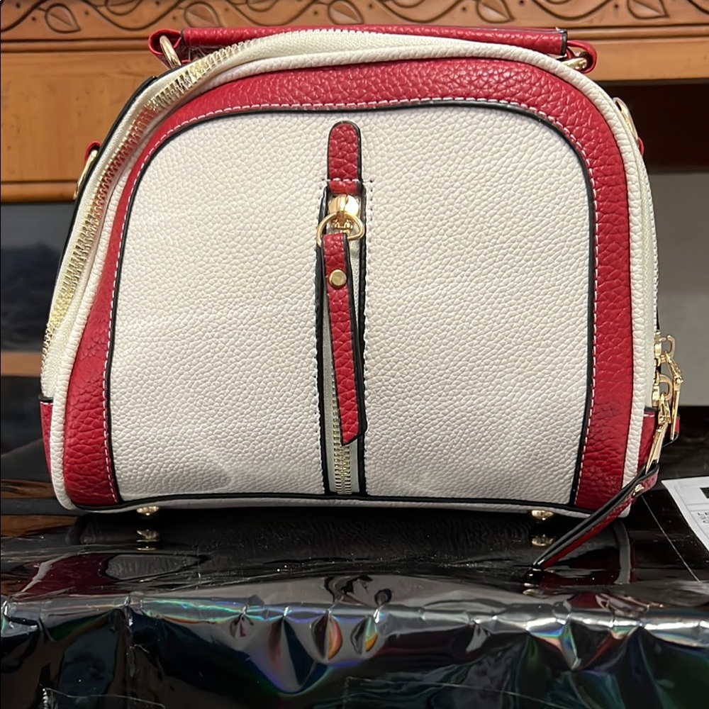 Red and White Mini Bag with Dome Shape and Textured Finish